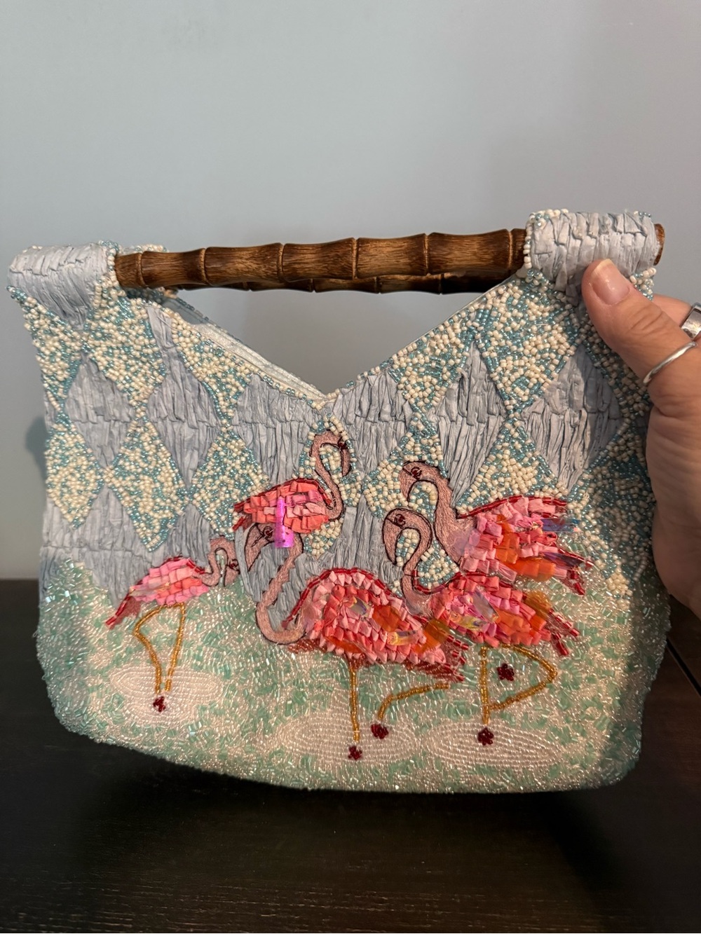 Beaded Flamingo Embroidered Bamboo Handle Tote - Pink & Light Blue